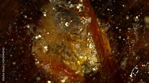 Super Slow Motion Shot of Golden Alcohol Liquid Splashing in Oak Wooden Barrel at 1000fps.
