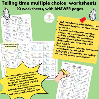 Time telling multiple choice worksheets with Answers(ABLLSR and AFLS aligned)