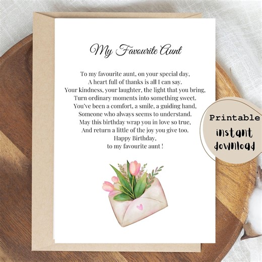 Favourite Aunt, Birthday Poem Card | Congrats From Niece| Digital Download - Etsy