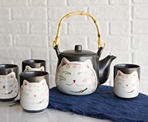 Ebros Gift Auspicious Japanese Design Maneki Neko Lucky Cat Charcoal Black Ceramic Tea Pot and Cups Set Serves 4 With Bamboo Handle And Strainer Home Decor Asian Fusion Accent Teapot Sets