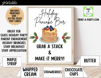 Printable Holiday Pancake Bar Sign (8x10) + Topping Tent Cards - Holiday Event