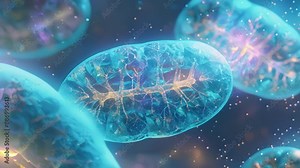 Highresolution microscope image of multiple mitochondria cells each containing separate mitochondria DNA strands.