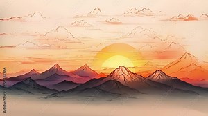 A simple line drawing of a sunset over a mountain range, inspired by Japanese sumie paintings.