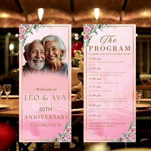 Editable Anniversary Program Template Pink Golden 50th Wedding Anniversary Program Card Printable Vow Renewal Program Party Floral Design - Etsy