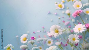 Spring flowers top view on Daisy flowers and scattered petals. Flat lay spring or summer chamomile on light blue background in sunny day. White petals are falling on heads of Blooming Bellis flowers,