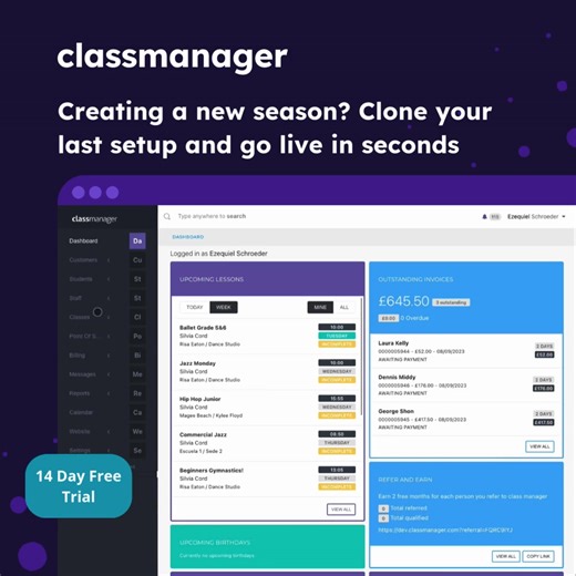 Tired of juggling spreadsheets and chasing payments? 💻 Class Manager takes care of schedules, billing, and attendance — giving you hours back every week. Start your 14-day FREE trial and see the difference today💃 | Class Manager