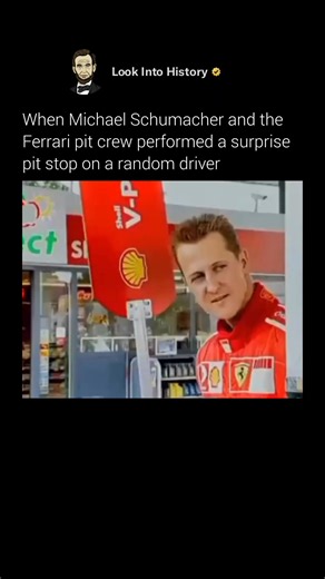 Look Into History on Instagram: "His friends would never believe this happened 😂🏁 In a classic early 2000s Shell commercial, Michael Schumacher and the Ferrari pit crew pulled off the ultimate prank at an ordinary petrol station. An unsuspecting driver stopped to refuel and suddenly found himself surrounded by a full Ferrari crew moving at race speed. They ran a playful mock pit stop, checking tyres, cleaning the windscreen, and pretending to refuel in seconds, while Schumacher looked on, clea