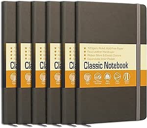 Faux Leather Lined Journal Notebooks with 120 GSM, Hardcover Executive Notebook, 5.25 x 8.25 inches for Writing - Date Mark, Inner Pocket, Ribbon Mark & Elastic Closure (Gray, Pack of 6)