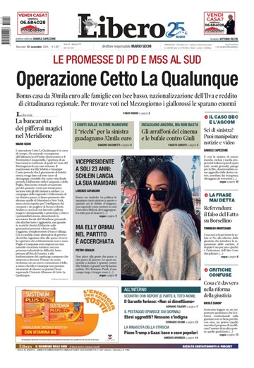 "LIBERO" * 12/11/2025 - «PRIMA PAGINA GIORNALE (SCARICA GRATIS PDF) / EDICOLA OGGI / RASSEGNA STAMPA / TITOLI QUOTIDIANO» - Agenzia giornalistica Opinione. Notizie da Italia - Mondo / Trentino Alto Adige