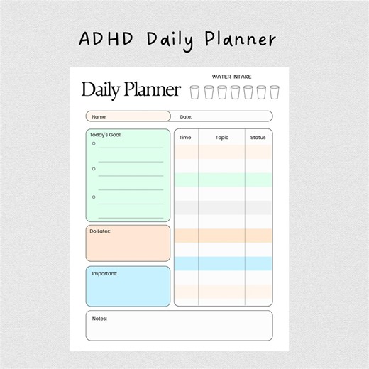 ADHD Daily Planner | Printable, Digital | Daily Focus Template PDF | Daily Organized for Work, School, Home | Wellness, Self-Care