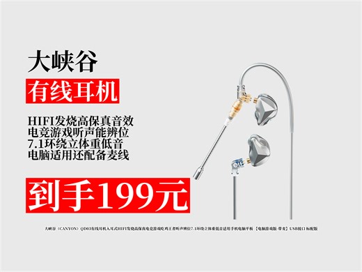 【有线耳机推荐】电竞玩家福利！大峡谷QD03有线耳机，原价249，领50元券仅199！7.1环绕，听声辨位，游戏体验拉满！大峡谷品牌耳机