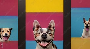 A high-quality collage of portraits of nine different and recognizable dog breeds, each captured in a professional and joyful pet video.