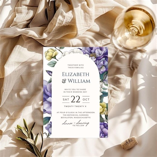 Purple Floral Wedding Invitation Template, Editable Arch Wedding Invite, Lavender Peony Botanical Invitation, Canva Instant Download - Etsy
