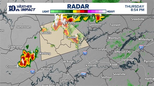 RADAR UPDATE (THU 9:53 PM) | A cluster of strong thunderstorms with gusty winds and heavy rain were tracking SE @ 15 mph across parts of Morgan, Anderson, Campbell and Scott Counties. Heavier thundershowers will be moving into the Oak Ridge area shortly, drive carefully! | WBIR Weather