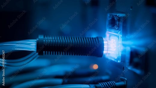 Digital cable connection glowing blue light technology industry network data transfer fiber optic internet communication electronic hardware plug