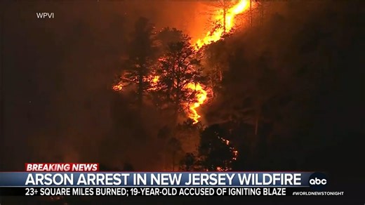 A 19-year-old suspect is facing charges, including aggravated arson in the Jones Road Fire, one of the largest wildfires in New Jersey in the last 20 years. The smoke has triggered air quality alerts in New York City. Morgan Norwood reports. https://abcnews.link/yfNg0YR | ABC World News Tonight with David Muir