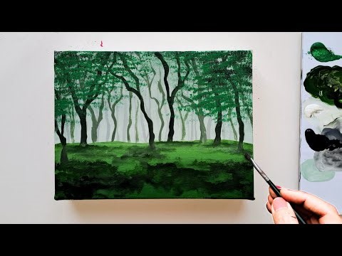 How to paint simple foggy forest landscape Acrylic painting | step by step tutorial for beginners