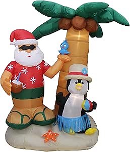 7 FT Christmas Inflatable Santa Claus & Penguin with Palm Tree – Outdoor Yard Blow-Up Holiday Decoration with Lights, Self-Inflating, Indoor/Outdoor Display