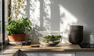 Bright and Airy Kitchen Scene with Fresh Green Herbs, Vibrant Salad Ingredients, and Contemporary Tableware in Natural Light