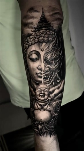 🪷 Buddha & Thai Mythology Forearm Tattoo | Black & Grey Realism