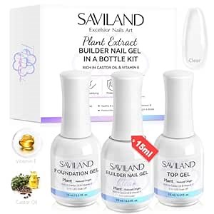 SAVILAND Clear Builder Nail Gel Kit: 3 Pcs 15ml Builder Nail Gel Base Top Gels with Castor Oil Vitamin E Apex Building for Thickening Extension Strengthening Repair Nails Art DIY Home Salon Gift Set