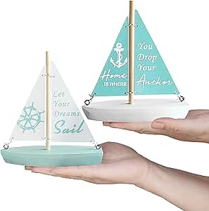 Handcrafted Wooden Nautical Decoration - 2 Pcs Cute Sailboat Models for Beach Decor - Perfect for Home, Office, Bedroom, and Bathroom