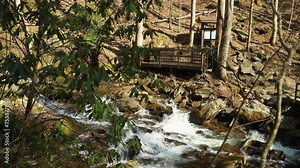 footage of the rushing waters of Smith Creek and waterfall at Anna Ruby Falls with rocks and lush green trees and plants in Helen Georgia USA