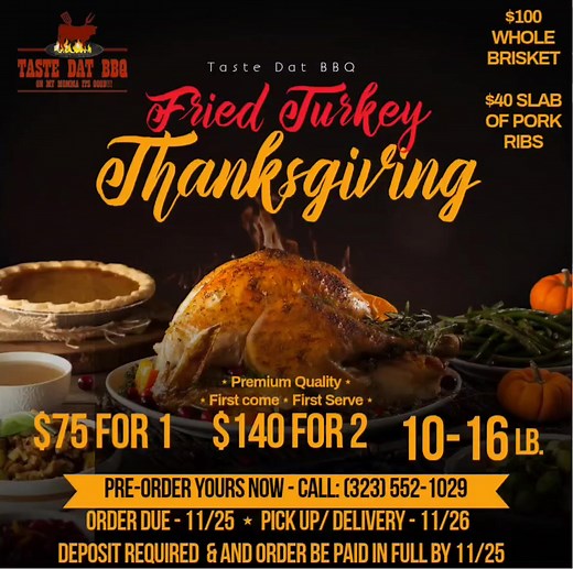 Get your turkey fried and ready for the holidays! Our famous golden, crispy fried turkeys are back — juicy on the inside, perfectly seasoned, and cooked to perfection. 🍗✨ ✅ Pre-order now to lock in your bird before 11/25 📅 Limited spots available before Thanksgiving 📍 Pickup in Gardena, CA/ or delivery 📞 Call (323) 552-1029 or DM to reserve yours today! #FriedTurkey #ThanksgivingPrep #HolidayFeast #TurkeySale #SupportLocal #foodiefavorites | Antonio Culbreath