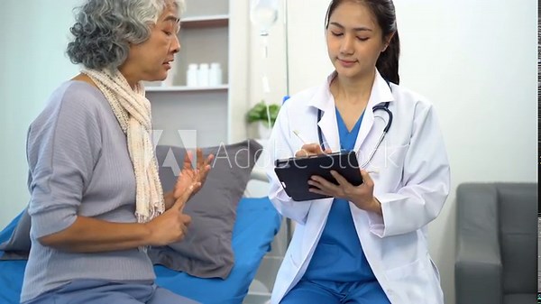 Friendly nurse taking care of patient woman in a hospital room. Treatment of patients.