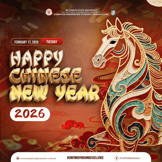 新年快乐 𝑿𝒊̄𝒏 𝑵𝒊𝒂́𝒏 𝑲𝒖𝒂̀𝒊 𝑳𝒆̀! 🧧 Let us welcome the 𝐘𝐞𝐚𝐫 𝐨𝐟 𝐭𝐡𝐞 𝐇𝐨𝐫𝐬𝐞 and celebrate 𝐂𝐡𝐢𝐧𝐞𝐬𝐞 𝐍𝐞𝐰 𝐘𝐞𝐚𝐫! 🐎 Take the time to relax and enjoy the festivities on this special non-working holiday! May this year bring fortune to your life and may your dreams prosper. We wish you the absolute best of luck this year, future computer engineers! 🏮🐉 #𝐂𝐡𝐢𝐧𝐞𝐬𝐞𝐍𝐞𝐰𝐘𝐞𝐚𝐫 #𝐂𝐔𝐑𝐒𝐎𝐑𝐁𝐚𝐭𝐒𝐭𝐚𝐭𝐞𝐔 #𝐂𝐨𝐧𝐭𝐢𝐧𝐮𝐞𝐏𝐮𝐫𝐬𝐮𝐢𝐧𝐠𝐄𝐱𝐜𝐞𝐥𝐥𝐞𝐧𝐜𝐞 | Co