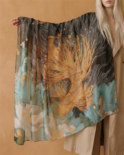 Koi Fish Chiffon Scarf Shawl Wrap – Teal Green & Orange Art Print, Lightweight Semi-sheer Long Scarf, Gift for Her - Etsy