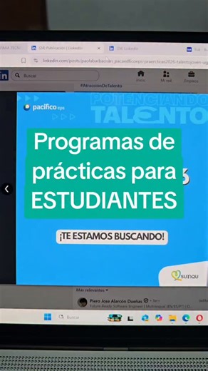 🟢 PACÍFICO EPS - Programa de prácticas pre-profesionales 2026 Requisitos: - Carreras: Ingeniería Industrial, Ingeniería de Sistemas, Administración, Gestión, Economía, Comunicaciones, Derecho y Contabilidad. - Ciclo: Entre el 5.º y 8.º ciclo. - Pasión por la innovación tecnológica, uso de inteligencia artificial, automatizaciones y creatividad. 📅 Fecha límite de postulación: 20 de noviembre 🔗 Inscríbete aquí: https://forms.office.com/r/YfJFmeXZHU 🟢 BUK - Programa de prácticas pre-profesional