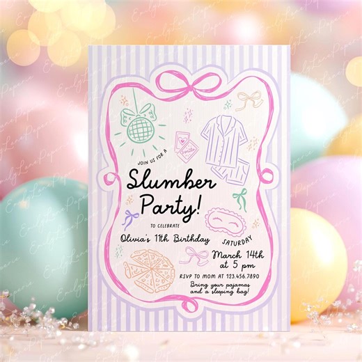 Slumber Party Birthday Invitation Template, Sleepover Party Invite, Pastel Purple Pink (canva Editable) - Etsy