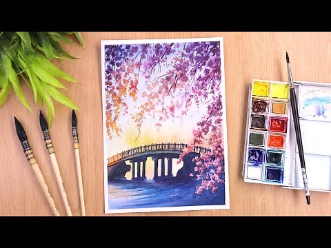 Watercolor painting Flowers tree and bridge landscape easy