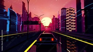 Retro-futuristic 80s style drive in neon city. Seamless loop of cyberpunk sunset landscape with a moving car on a highway road. VJ synthwave looping 3D animation for music video. 4K stylized vintage Stock Video