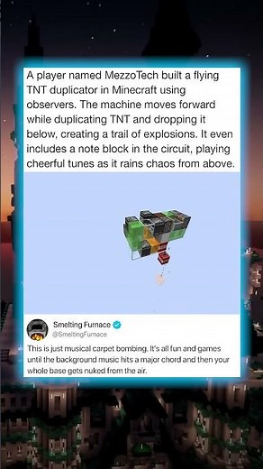 A player named Mezzo Tech built a flying TNT duplicator in Minecraft using observers. The machine