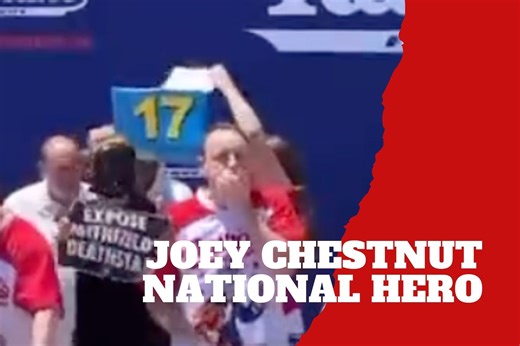 Joey Chestnut makes history by winning his 17th Hot Dog contest after beating up a protester
