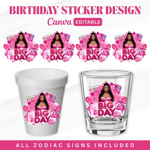 Birthday Girl Sticker, Big Day, Styrofoam Cup Pink Sticker Template, Pink Foam Cup Template, Pink Shot Glass Sticker, Birthday Party Sticker - Etsy
