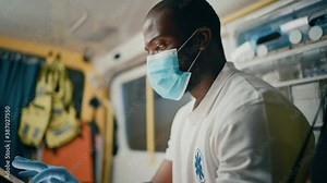 Black African American Paramedic in Face Mask Using Tablet Computer while Riding in an Ambulance Vehicle for an Emergency. Emergency Medical Technicians Outside the Healthcare Hospital.