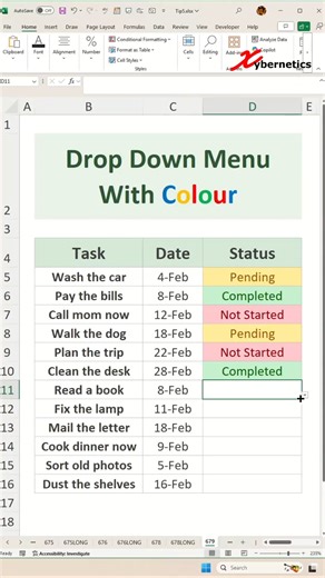 ExcelTips247 on Instagram: "Drop down menu in Excel with color - Excel Tips and Tricks Learn how to make a job done menu in Excel with color. Here the steps outline in my video. Create drop-down list 1) Select the Status column 2) Data ~ Data Validation 3) Settings tab 4) Allow = List 5) Source = Completed, Not Started, Pending 6) OK Add color to a drop-down list 1) Select the Status column 2) Home ~ Style ~ Conditional Formatting 3) Highlight Cell Rules ~ Text That Contains... 4) Assign colors 