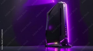 modern gaming computer with glowing purple led lights