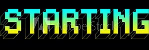 Starting word text pixel banner animation. Neon gradient iridescent blue and yellow pushing voxel block letters on a transparent alpha channel. Social media, live stream, broadcasting title.