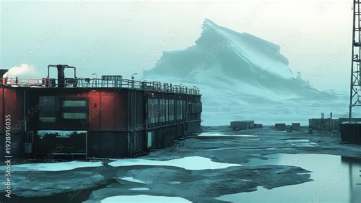 Research station operating in a harsh polar environment, with a communication tower standing over a ground filled with melting ice and water puddles, highlighting climate impact