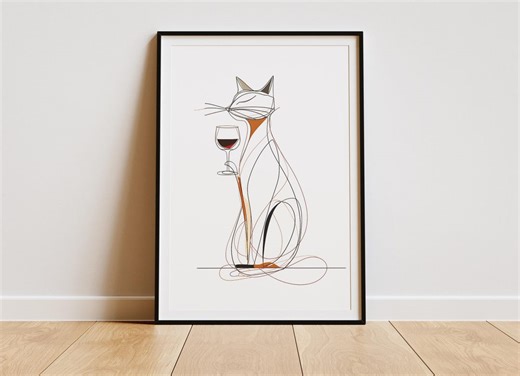 Minimalist Cat & Wine Glass Line Art Poster - Etsy