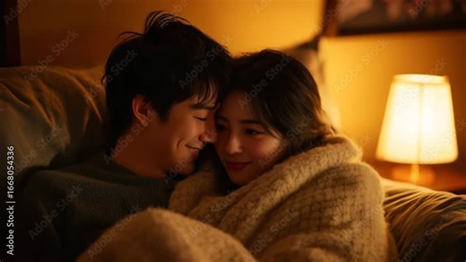 Couple cuddling under a blanket while smiling in a cozy bedroom