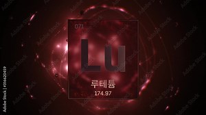 Lutetium as Element 71 of the Periodic Table. Seamlessly looping 3D animation on red illuminated atom design background orbiting electrons name, atomic weight element number in Korean language