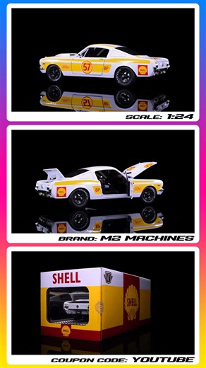 1966 Ford Mustang 2+2 GT #57 "Shell Oil" White with Stripes 1/24 Diecast Model Car by M2 Machines 4K