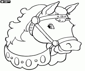Head of a horse with harness coloring page printable game