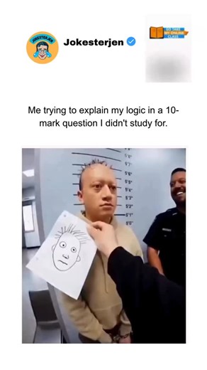 Humor | Memes | Funny | Culture on Instagram: "A video showing a man holding a crude stick-figure drawing up to his face to match a mugshot, with text about trying to explain logic in a 10-mark exam question that wasn't studied for. Me: “In conclusion, the vibes are off and that’s why the answer is 42.” ✍️🤡 There is no greater fear than seeing a 10-mark question and realizing you skipped that entire chapter. At that point, you’re not writing an answer, you’re writing a work of fiction. Drop a “