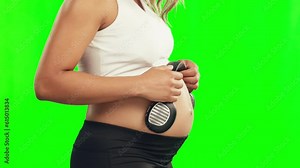Profile, pregnant woman or headphones on belly in studio on green screen for growth or baby development. Pregnancy music, relax or mother to be streaming radio audio on stomach for healthy maternity